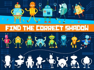 Poster - Find correct shadow of cartoon funny robots, match game worksheet, vector puzzle. Kids logic game to find correct shadow or similar silhouette of toy robots, alien cyborgs and transformer droids