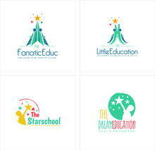 Vector Illustration Of Playful Kids Education Logo Design Template With Symbol Icon Kids Boy Reach For The Star Colorful