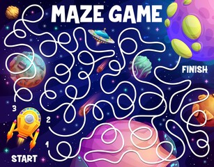 Leinwandbilder - Cartoon space galaxy planets and stars, spacecraft UFO labyrinth maze, vector game worksheet. Kids escape puzzle or labyrinth maze riddle to find way on start and finish with fantasy galaxy rockets