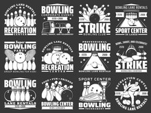 Bowling Sport Icons With Vector Bowling Alley, Balls, Skittles. Bowling Game Player Throwing Ball, Tournament Winner Trophy Cup, Strike Pins And Shoes Isolated Monochrome Symbols Of Sport Club Design