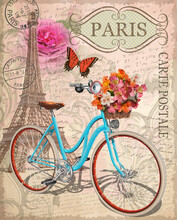 Paris Vintage Background With Flowers, Eiffel Tower And Bicycle.