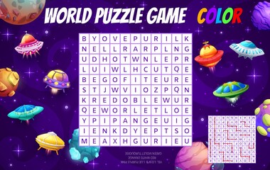 Leinwandbilder - Cartoon starships and spacecrafts in galaxy, word search puzzle game, vector worksheet. Kids quiz or riddle grid to search and find word fantastic galaxy planets, alien UFO and in cosmic world