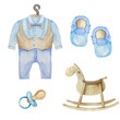 Watercolor set of baby boy blue elements with rocking horse, pacifier, baby shoes and suit illustration. Its a boy set