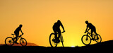 Fototapeta Łazienka - Silhouette of a mountain biker enjoying downhill during the sunset. Mountain bike concept. Mountain bike race - silhouette cyclist on background.