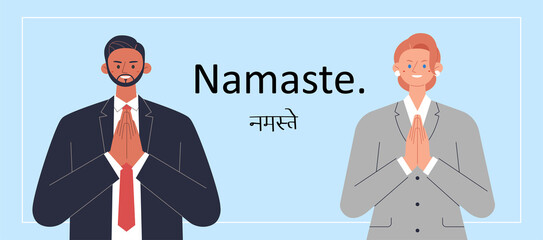 Wall Mural - a businessman and a business woman are holding hands and giving an indian greeting. flat design styl