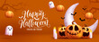 Halloween party vector background design. Happy halloween typography text with ghost and jack o lantern in scary yard for trick or treat night celebration. Vector illustration.

