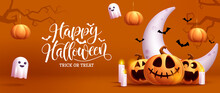 Halloween Party Vector Background Design. Happy Halloween Typography Text With Ghost And Jack O Lantern In Scary Yard For Trick Or Treat Night Celebration. Vector Illustration.
