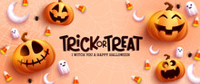 Halloween Greeting Vector Design. Trick Or Treat Text In Cob Web Background With Jack O Lantern And Ghost Elements For Halloween Celebration Decoration. Vector Illustration.
