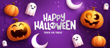 Halloween Greeting Vector Background Design. Happy Halloween Text With Jack O Lantern Pumpkin And Ghost For Trick Or Treat Night Celebration. Vector Illustration.
