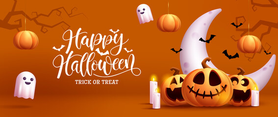 Halloween party vector background design. Happy halloween typography text with ghost and jack o lantern in scary yard for trick or treat night celebration. Vector illustration.
