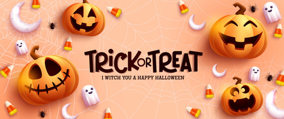 Halloween greeting vector design. Trick or treat text in cob web background with jack o lantern and ghost elements for halloween celebration decoration. Vector illustration.
