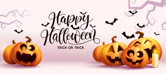 Halloween party vector background design. Happy halloween text with cute and funny pumpkin faces in yard for spooky trick or treat decoration. Vector illustration.
