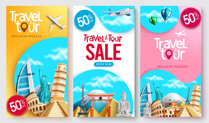 travel promo vector poster set. travel tour sale text collection in exclusive package discount with 