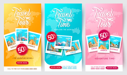travel promo vector poster set design. travel tour text with package discount sale collection in wor