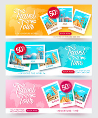 Wall Mural - travel time sale vector banner set. travel tour text with travel destination trip package in discoun