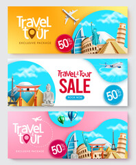 Wall Mural - travel package vector banner set design. travel tour sale text collection with exclusive discount of