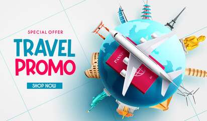 Wall Mural - travel promo vector design. travel promo text with special price discount in globe and international