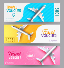 Wall Mural - travel gift certificate vector set design. travel voucher text with airplane transportation element 