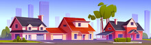 Street In Suburb District With Residential Houses And City On Skyline. Vector Cartoon Illustration Of Summer Landscape With Suburban Cottages With Garages, Green Trees And Road