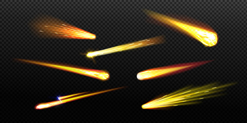 Wall Mural - flying comets, asteroids or meteors with flame trail isolated on transparent background. vector real