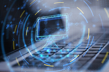 Poster - Close up of laptop keyboard with computer hologram. Technology and device concept. Double exposure.
