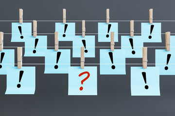 Poster - Abstract blue papers with question and exclamation marks hanging on ropes. Solution and answer concept. 3D Rendering.