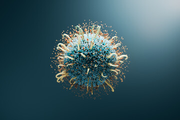 Poster - Microbilology and health risk concept with closeup of abstract realistic blue and light yellow virus cell on dark backlit background. 3D rendering