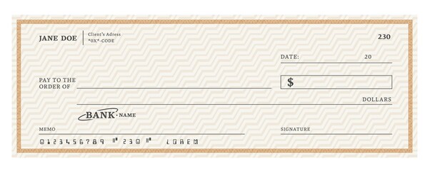 Wall Mural - blank bank check, checkbook cheque template or money payment paper voucher, vector mockup. business 
