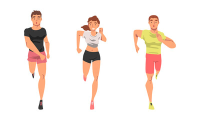 Wall Mural - Cheerful People Character Running Marathon or Long-distance Foot Race Vector Set