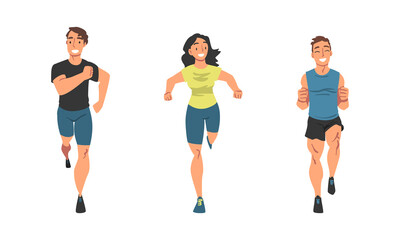 Sticker - Cheerful People Character Running Marathon or Long-distance Foot Race Vector Set