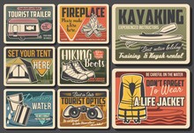 Outdoor Recreation And Tourism Hobby Retro Banners. Caravan Towed Trailer, Kayak And Tourist Tent, Hiking Boots, Life Jacket And Binoculars Vector. Water And Fire Danger Warnings Vintage Posters