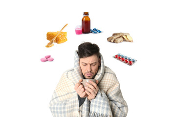 Wall Mural - SIck man with cup of hot drink surrounded by different drugs and products for illness treatment on white background