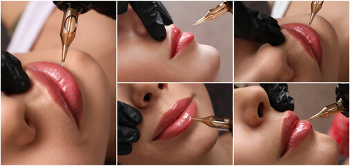 Poster - Collage with different photos of women undergoing permanent lip makeup. Banner design