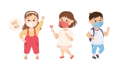 Sticker - Happy Boy and Girl Wearing Face Mask as New Normal Lifestyle Vector Illustration Set