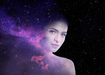 double exposure of beautiful woman and starry sky. astrology concept