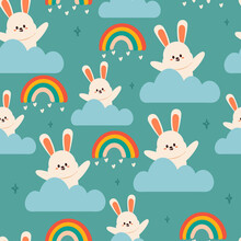 Seamless Pattern Cartoon Bunny, Rainbow, Blue Sky. Cute Wallpaper For Fabric Print, Textile
