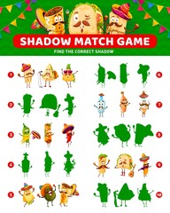 Aufkleber - Shadow match game of cartoon tex-mex mexican food characters. Vector worksheet of kids education puzzle, riddle or quiz with funny burrito, taco, nachos and chili pepper, quesadilla, churros, tamale
