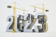 New Year 2023 and cranes, construction concept, 3D illustration