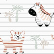 African animal baby cute summer seamless pattern. Sweet zebra, tiger print.