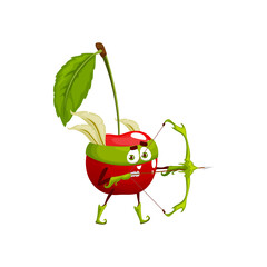 Cherry defender with bow and arrow. Cartoon vector superhero or fairy tale berry character. Fairytale robin hood or indian isolated archer. healthy food, vitamin personage for kids menu, book or game