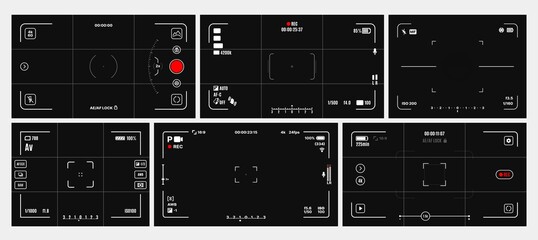 Video and photo camera viewfinder screen or display frames, vector cam rec and focus. Video or photo camera viewfinder overlay with interface grid for picture capture on digital camcorder screen