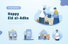 Flat Design Set Of Muslims Celebrating Eid Al-Adha By Sharing Sacrificial Meat