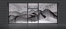 Abstract Mountains Made By Blending Lines. Artistic Glass Design For Residential And Commercial Space. Decorative Frosted Window Film.