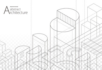 Aufkleber - 3D illustration Imagination architecture building construction perspective design,abstract modern urban building out-line black and white drawing.