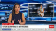 © Gorodenkoff - Split Screen TV News Live Report: Anchorwoman Talks. Reportage Montage: Young Beautiful Sports Women Sets New Record, Gets Highest Score In Tournament. Television Program On Cable Channel Concept.
