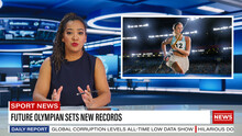 Split Screen TV News Live Report: Anchorwoman Talks. Reportage Montage: Young Beautiful Sports Women Sets New Record, Gets Highest Score In Tournament. Television Program On Cable Channel Concept.