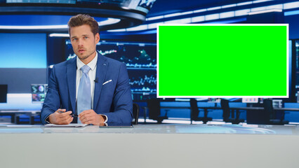 Wall Mural - TV Talk Show Live News Program: Anchorman Presenter Reporting, Uses Green Screen Template. Television Cable Channel Anchorman Host Talks. Network Broadcast Newsroom Studio Mockup.