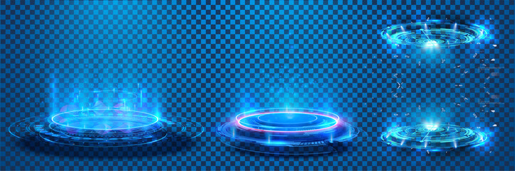 Poster - Circle portals, teleport, hologram gadget. Blank display, stage or magic portal, podium for show product in futuristic cyberpunk style. Sky-fi digital hi-tech fui elements for presentation product. 