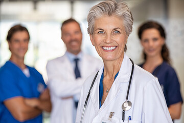 Successful doctor with medical team at hospital