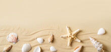 Summer Vacation And Beauty Sand Mock Up With Shell, Starfish And Sand On Beige Background,